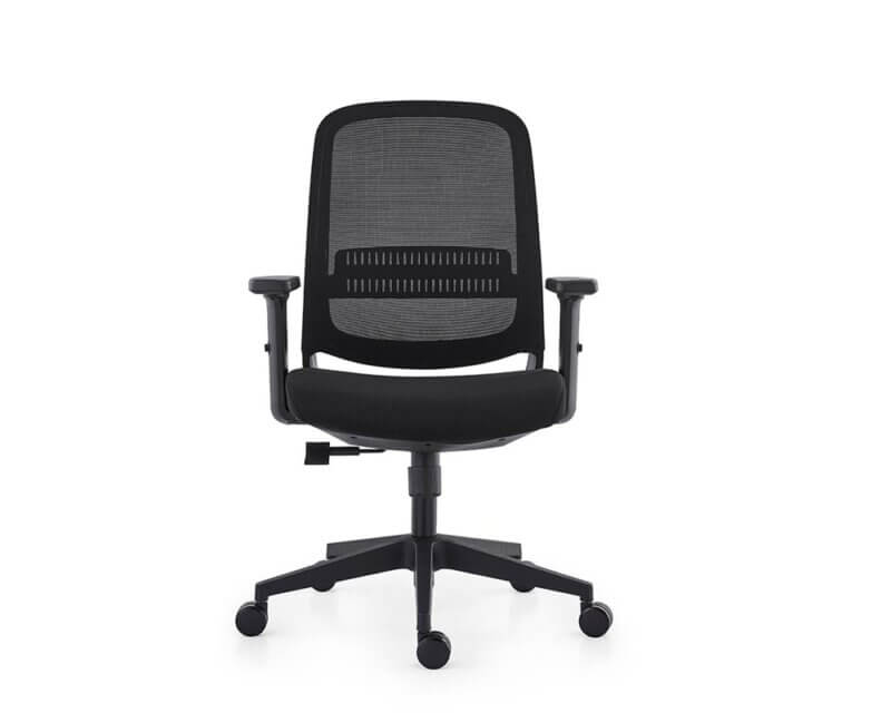 Series 300 Medium Back: Series 300 Medium Back Operators Chair in black with lumbar support and adjustable arms.