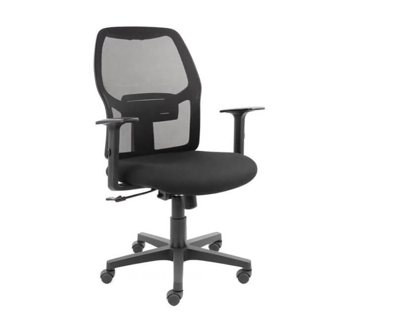 Series 320 Operators Chair in black with mesh backrest, cushioned seat, adjustable arms, and five-wheel base.