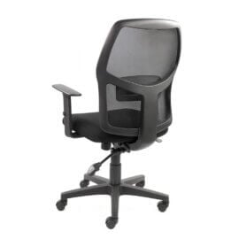 Series 320 Operators Chair in black with mesh backrest, cushioned seat, adjustable arms, and five-wheel base.