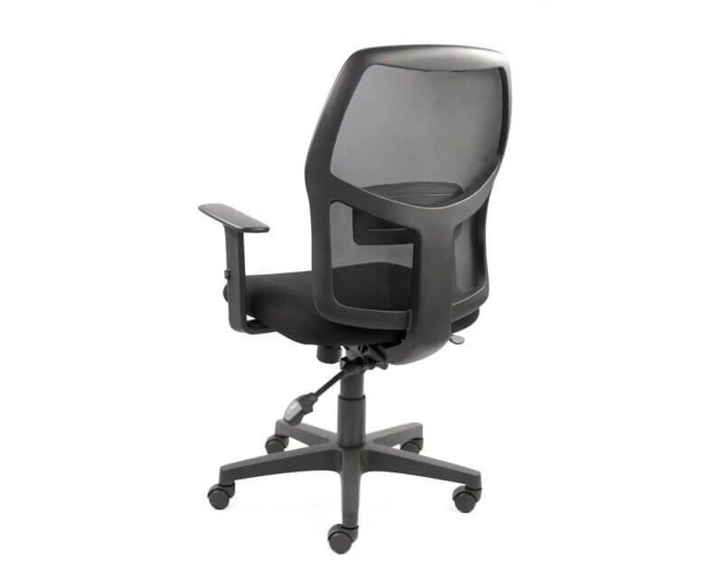 Series 320 Operators Chair in black with mesh backrest, cushioned seat, adjustable arms, and five-wheel base.