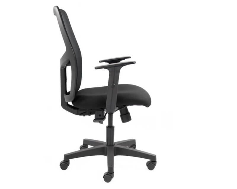 Series 320 Operators Chair in black with mesh backrest, cushioned seat, adjustable arms, and five-wheel base.