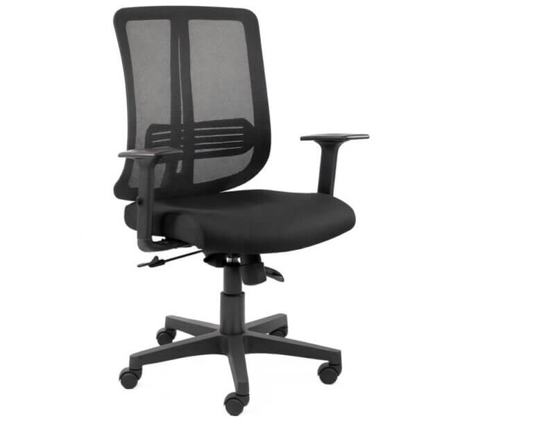Series 330 Operators Chair in black featuring mesh back, ergonomic design, adjustable arms, and swivel base.
