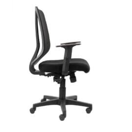 Series 330 Operators Chair in black featuring mesh back, ergonomic design, adjustable arms, and swivel base.