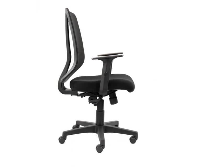 Series 330 Operators Chair in black featuring mesh back, ergonomic design, adjustable arms, and swivel base.