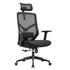 Series 340 Highback Operators Chair with headrest, black upholstery, and ergonomic Y-shaped back support.