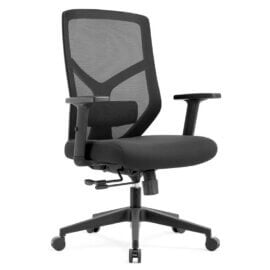 Series 340 Medium Back Operators Chair in black fabric with adjustable lumbar and armrests.