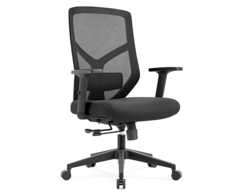 Series 340 Medium Back Operators Chair in black fabric with adjustable lumbar and armrests.