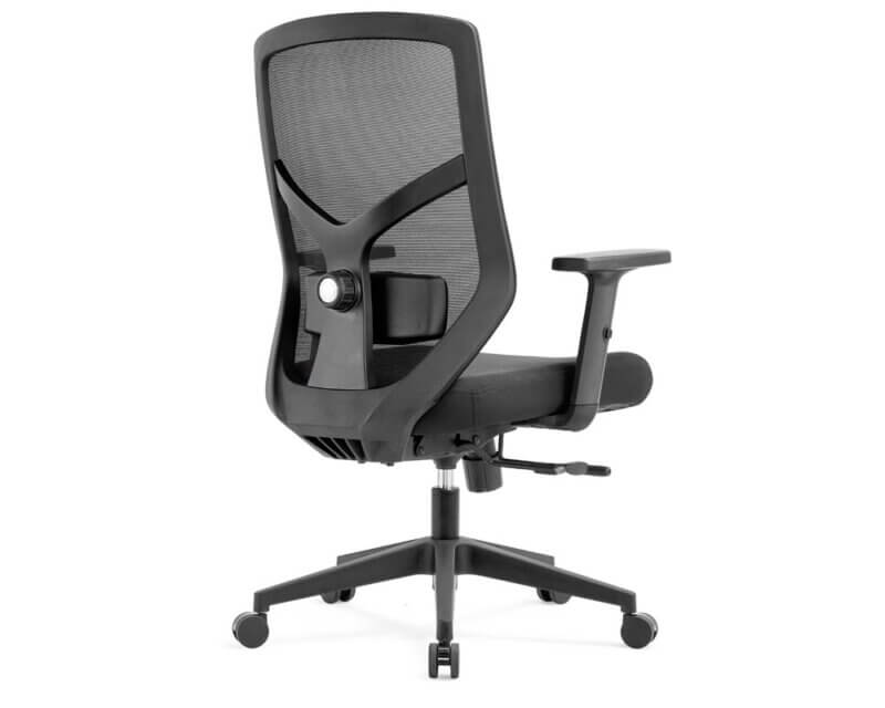 Series 340 Medium Back Operators Chair in black fabric with adjustable lumbar and armrests.
