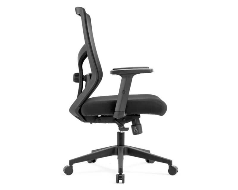 Series 340 Medium Back Operators Chair in black fabric with adjustable lumbar and armrests.